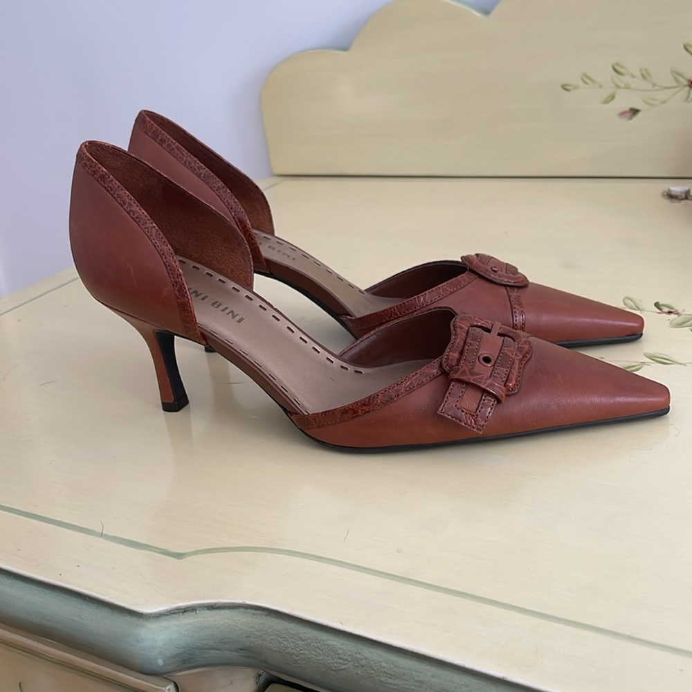 Gianni Bini Burnt Orange Pointed D'Orsay Heels with Buckle Detail